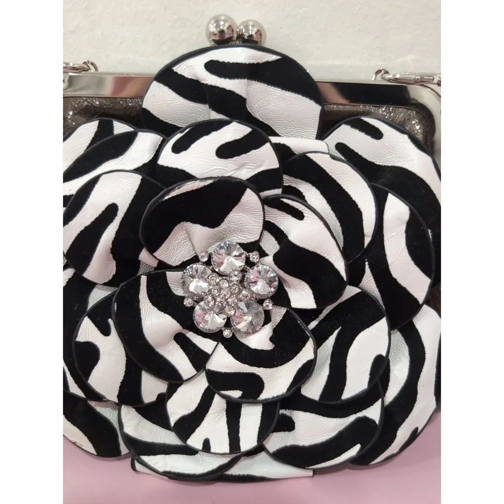 Y2K Small Zebra Pattern Bag with Silver Chain Clasp‎ & Rhinestone Floral Accent